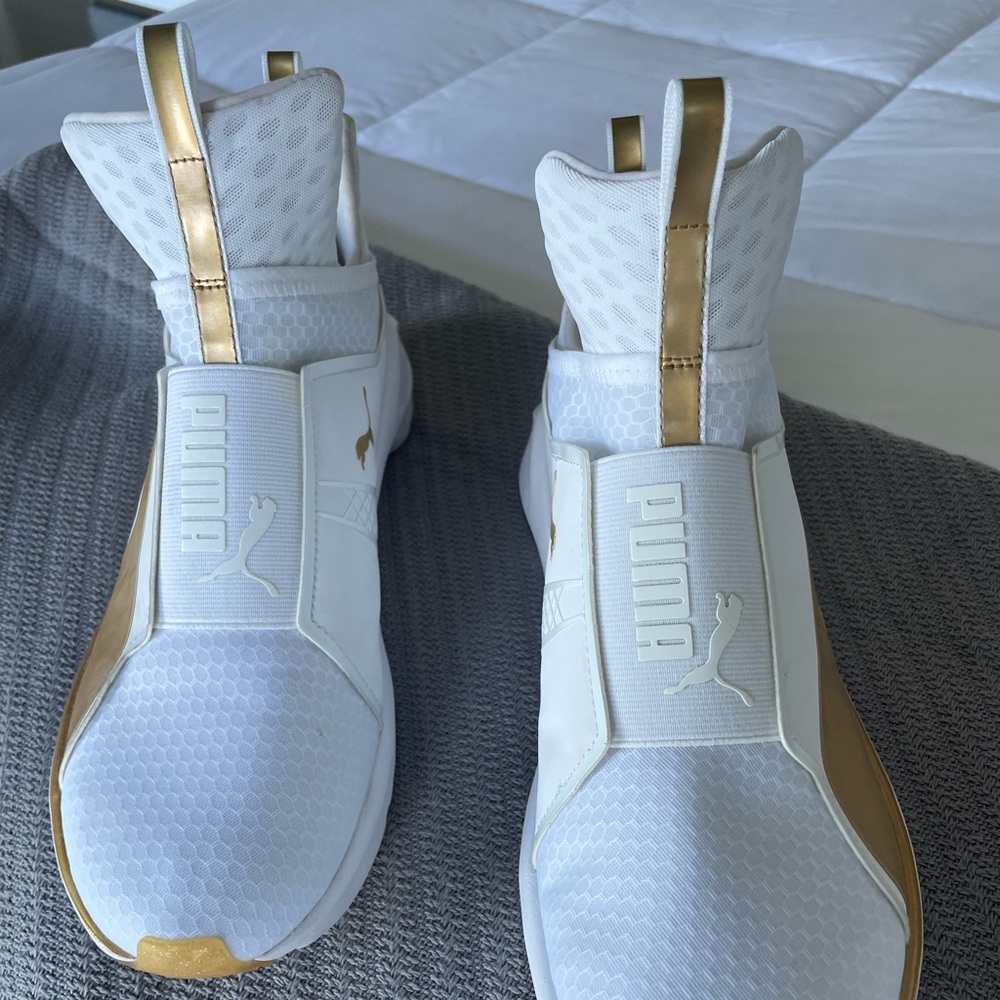 Puma White and Gold High-Top Sneakers